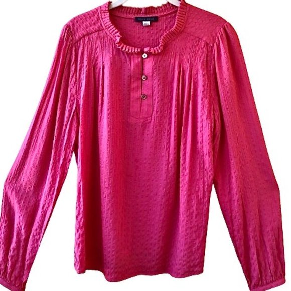 Tommy Hilfiger Blouse Coral Top Puckered Long Sleeve Neck Button Womens Large - Picture 3 of 14